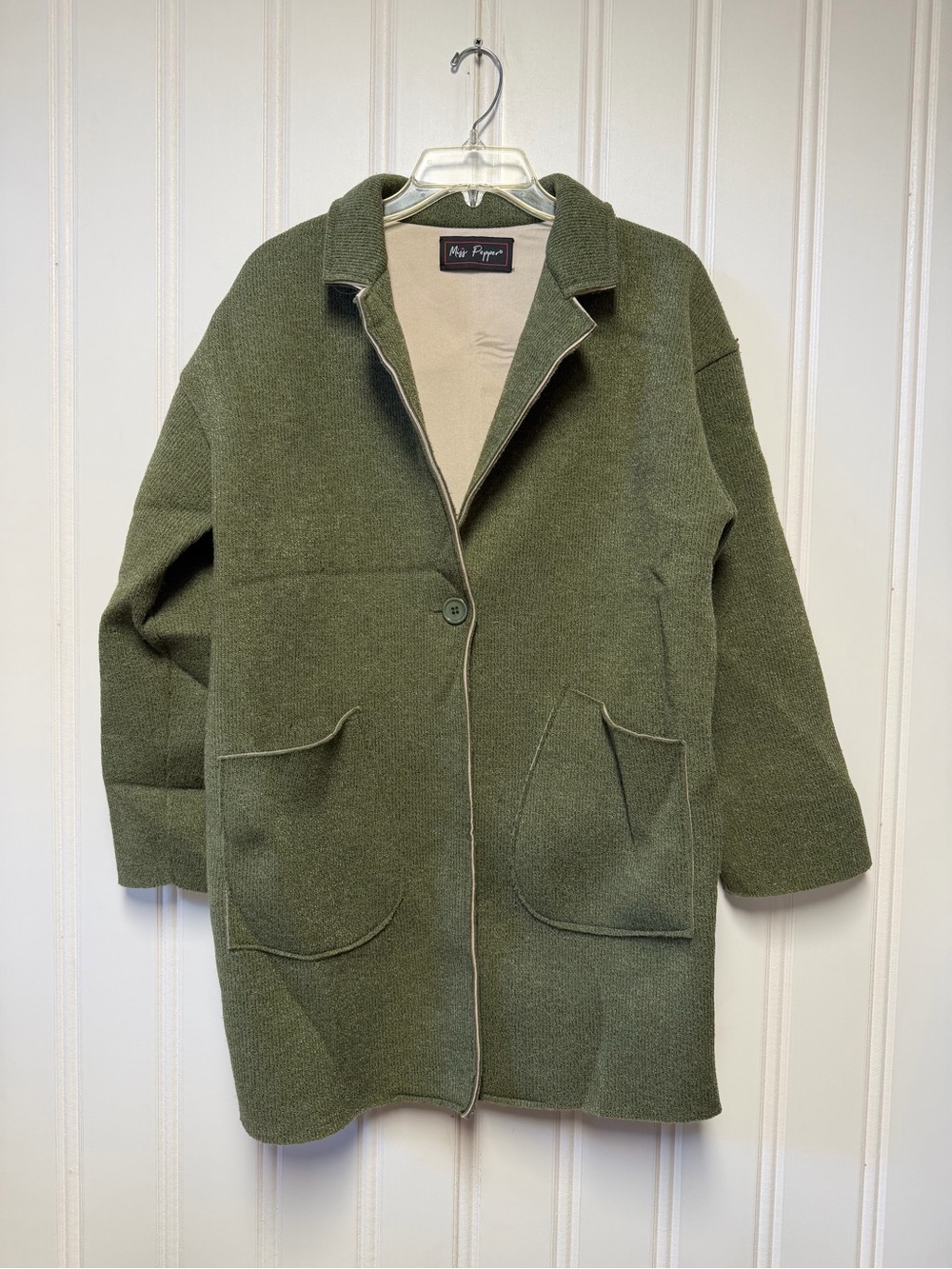 Miss Pepper Italy Olive Green Knit Coatigan Sweater Blazer Jacket Size 5 M/L